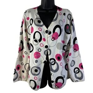 Timberlea Womens Lg Pink Black Circle Print Button Front V-Neck Cardigan Sweater